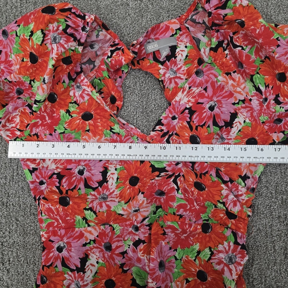 ASOS Design Red Mini Dress 6 Puff Sleeve Open Back Ruffle Hem Party - Picture 7 of 10